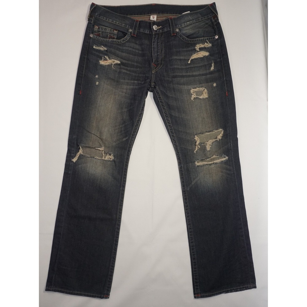 True Religion 38 Straight Leg Distressed Dark Wash Blue Jeans